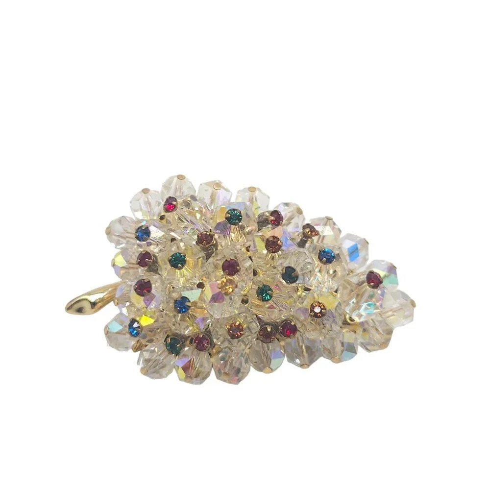 Vintage Multi-Color Rhinestone Clear Crystal Beaded Leaf Brooch Pin Xmas Vibes